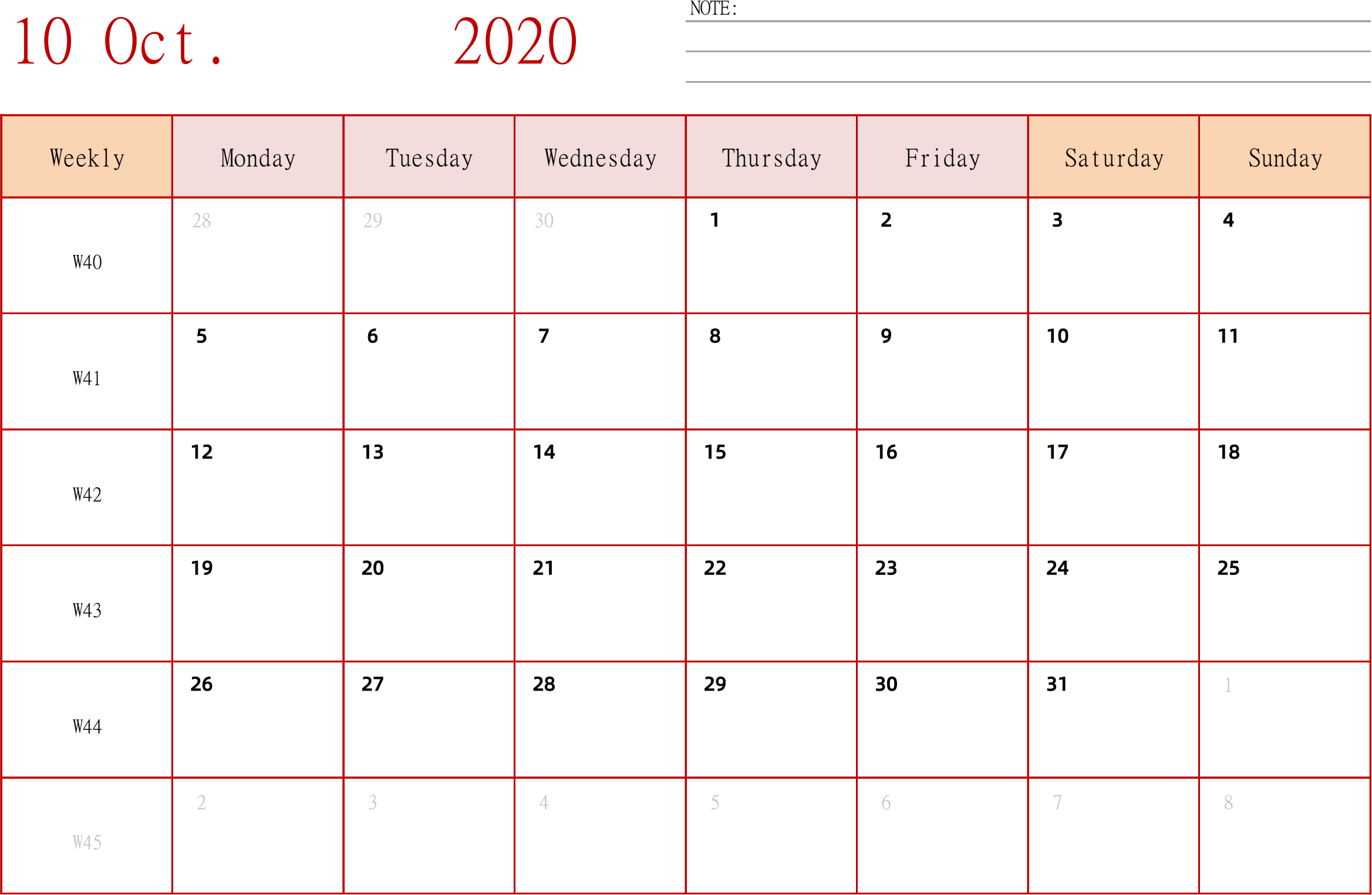 日历表2020年日历 英文版 横向排版 周一开始 带周数